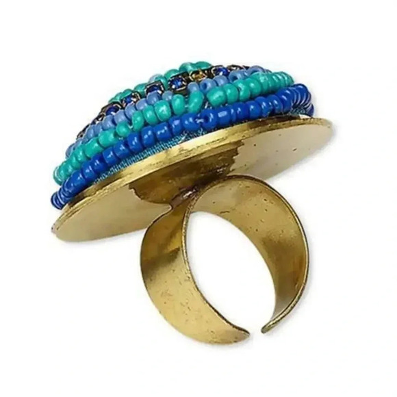 Handcrafted Statement Ring India Brass Turquoise Blue Beads - Picture 2 of 2